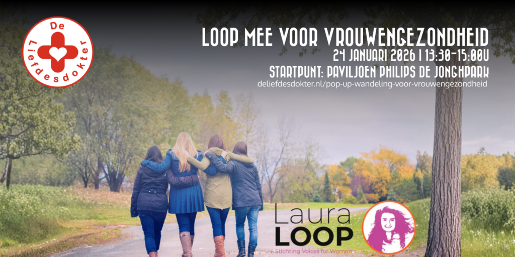 Vier vrouwen gezien op de rug die elkaar omarmen in een bosrijke omgeving. Aankondiging voor Laura Loop inclusief het logo van de Laura Loop. Bovenaan de afbeelding het logo van De Liefdesdokter en de gegevens van de Liefdesdokter wandeling: 24 januari, 13:30-15u, startpunt paviljoen Philips de Jonghpark.